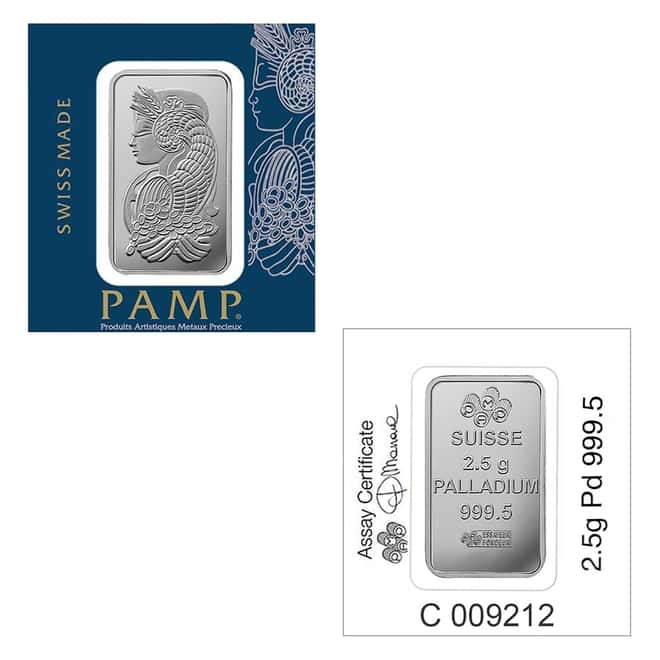 2.5 gram Palladium Bar PAMP Suisse Lady Fortuna .9995 Fine (In Assay from Multigram)