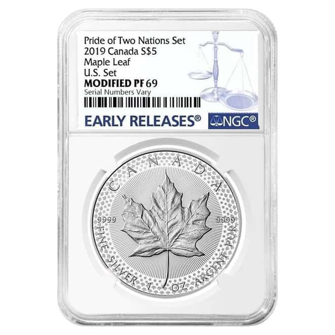 2019 1 oz Modified Proof Silver Canadian Maple NGC PF 69 ER (Pride of Two Nations)