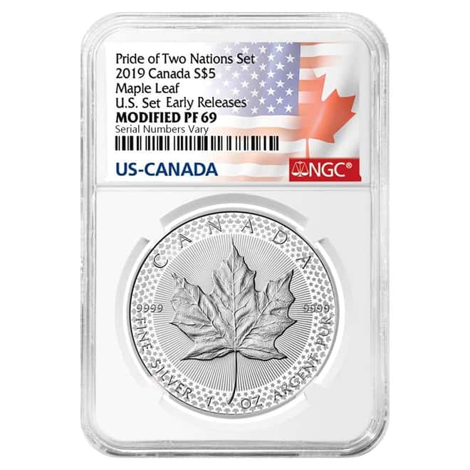 2019 1 oz Modified Proof Silver Canadian Maple NGC PF 69 ER (Pride of Two Nations)