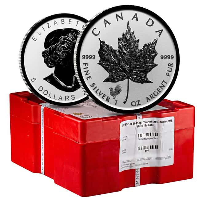 Monster Box of 500 - 2017 1 oz Silver Canadian Maple Leaf Lunar Rooster Privy .9999 Fine $5 Coin BU (20 Roll,Tube of 25)
