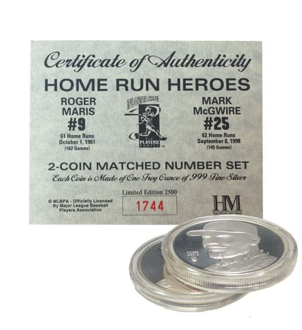 Roger Maris&Mark McGwire Highland Mint Fine Silver Ltd Edition Commemorative Medallion COA