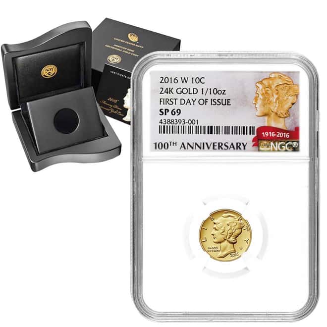 2016 1/10 oz Mercury Dime Centennial Gold Coin NGC SP 69 FDOI (W/Box & COA)