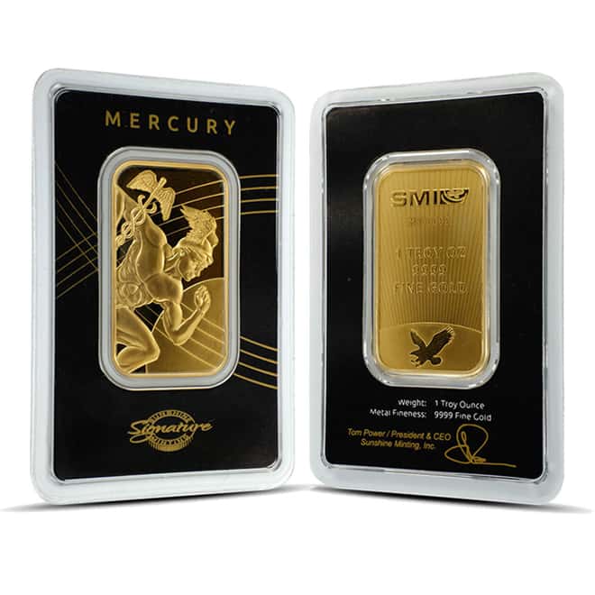 1 oz Sunshine Mint Mercury Gold Bar .9999 Fine (In Assay)