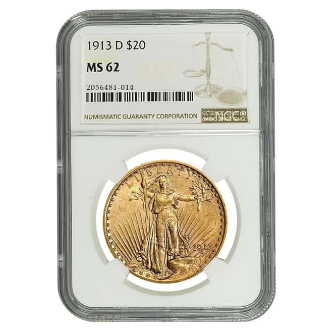 1913 D $20 Gold Saint Gaudens Double Eagle Coin NGC MS 62