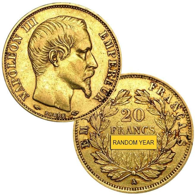 20 Francs French Gold Napoleon III AGW .1867 oz Avg Circ (1852-1870, Random Year)