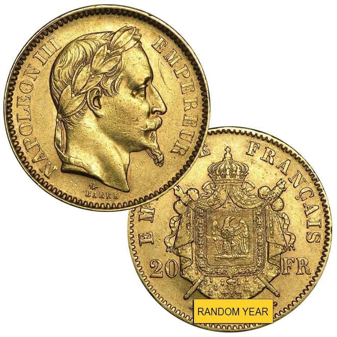 20 Francs French Gold Napoleon III AGW .1867 oz Avg Circ (1852-1870, Random Year)