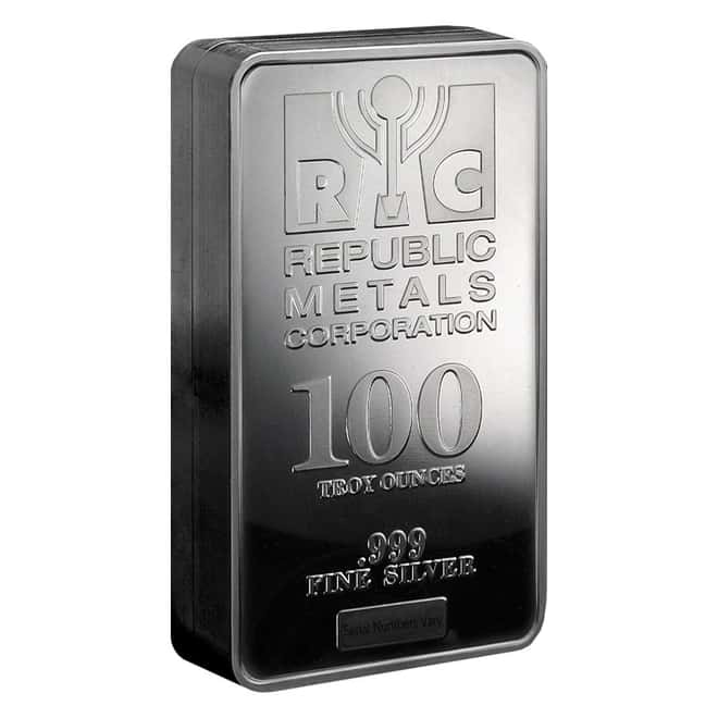 100 oz Republic Metals (RMC) Silver Bar .999 Fine w/Box (Pressed)