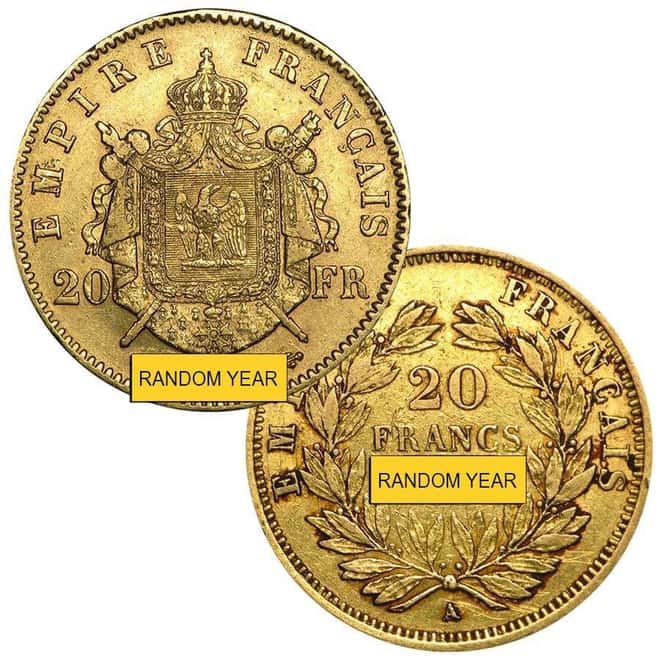 20 Francs French Gold Napoleon III AGW .1867 oz Avg Circ (1852-1870, Random Year)