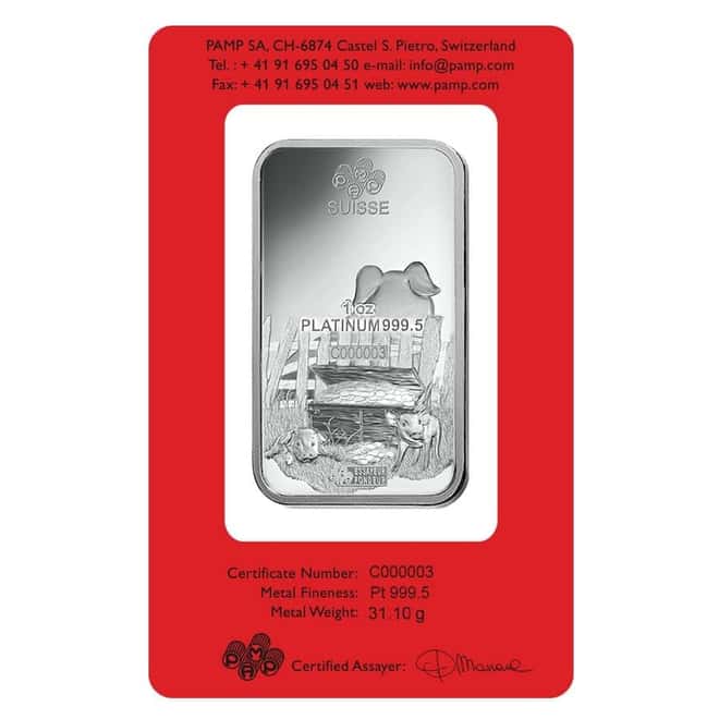 1 oz PAMP Suisse Year of the Pig Platinum Bar (In Assay) Serial #3