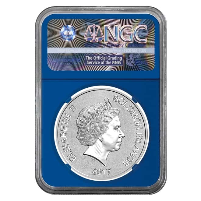 2017 1 oz Silver JFK Solomon Islands NGC MS 69 FDOI First Day of Issue (JFK Ask Not Label Blue)