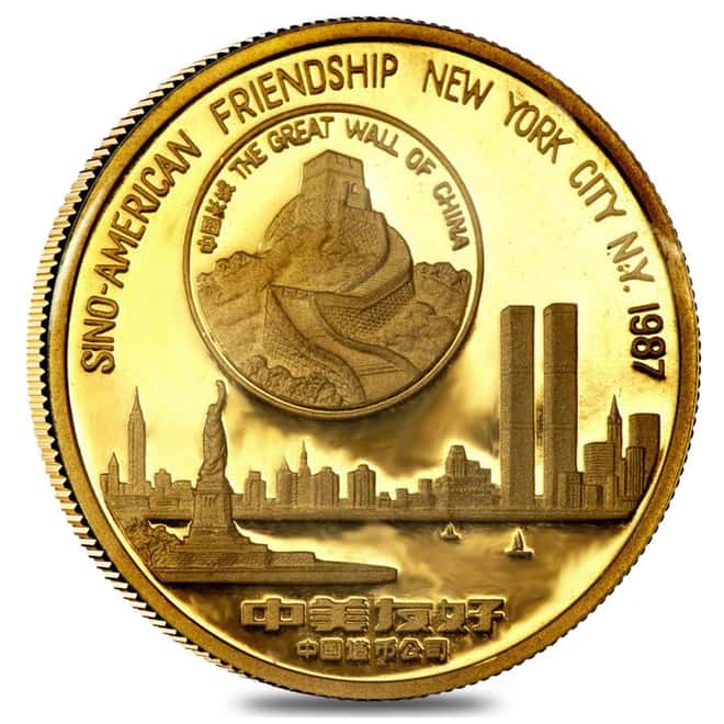1987 1 oz Chinese Gold Panda Sino-American Friendship Medal - New York (Sealed)
