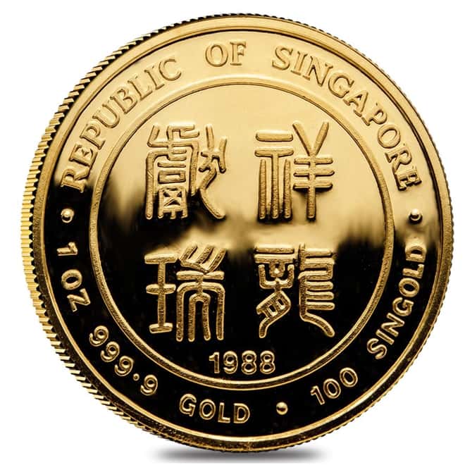 1988 1 oz Gold Singapore 100 Singold Year of the Dragon Proof-Like Coin (Sealed)