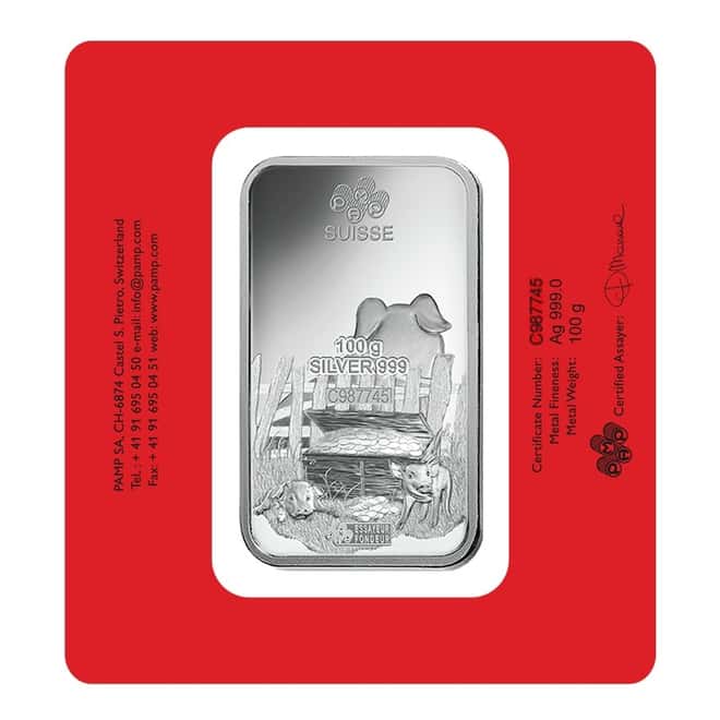 100 gram PAMP Suisse Year of the Pig Silver Bar (In Assay)