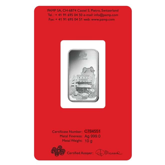 10 gram PAMP Suisse Year of the Pig Silver Bar (In Assay)
