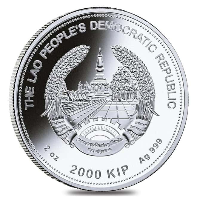 2018 2 oz Silver Laos Year of the Dog 2000 Kip Proof Coin .999 Fine (Gilded, Jade Layer, w/Box&COA)