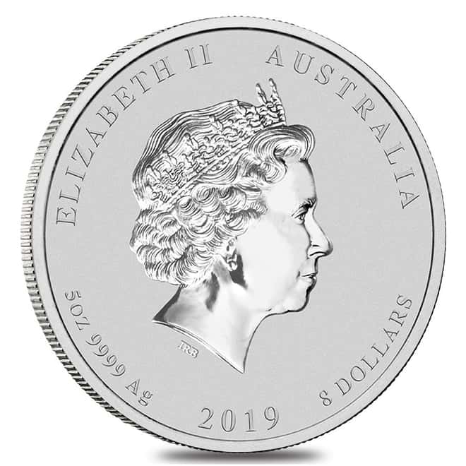 2019 5 oz Silver Lunar Year of The Pig BU Australian Perth Mint In Cap
