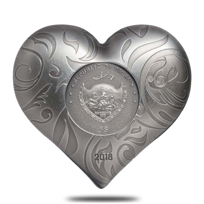 2018 1 oz Palau Silver Heart Charms High Relief Antiqued Silver Coin $5 .999 Fine (w/Box)