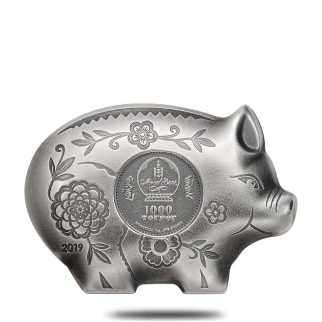 2019 1 oz Mongolia Jolly Pig High Relief Antiqued Silver Coin 1000 Togrog .999 Fine