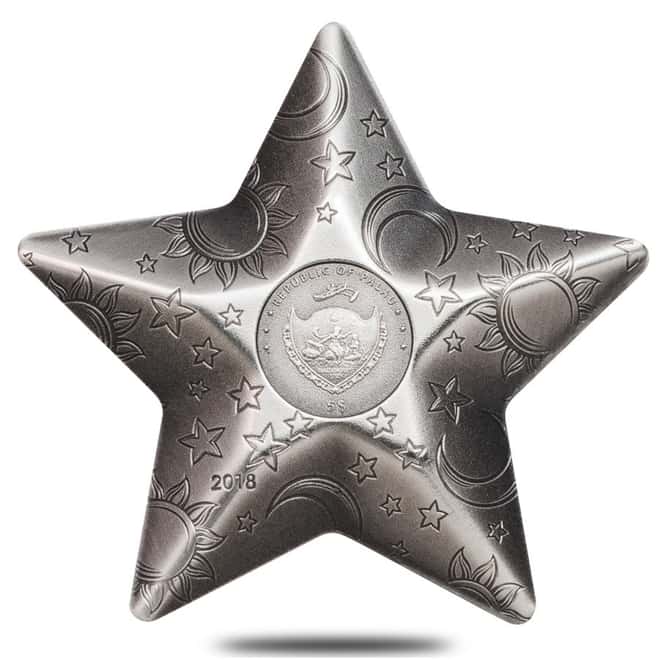 2018 1 oz Palau Twinkling Star Charms High Relief Antiqued Silver Coin $5 .999 Fine (w/Box)