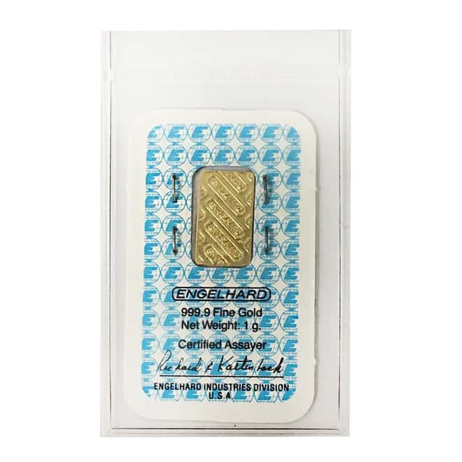 1 gram Engelhard Gold Vintage Bar .9999 Fine (In Assay)