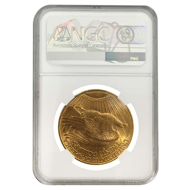 1908 D $20 Gold Saint Gaudens Double Eagle Motto NGC MS 63