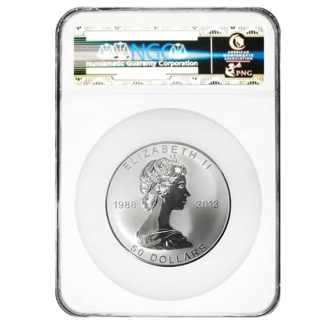 2013 5 oz Silver Canadian Maple Leaf 25th Anniv. Reverse Proof NGC PF 70 (w/Box & COA)