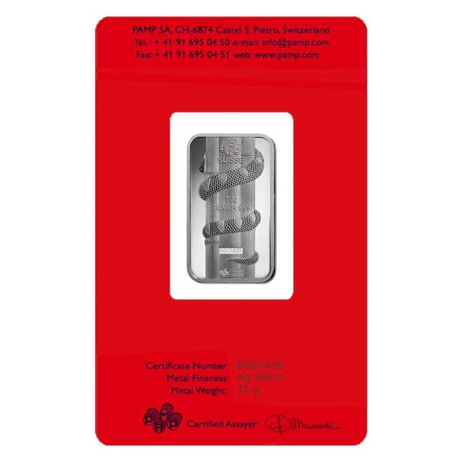 10 gram PAMP Suisse Year of the Snake Silver Bar (In Assay)