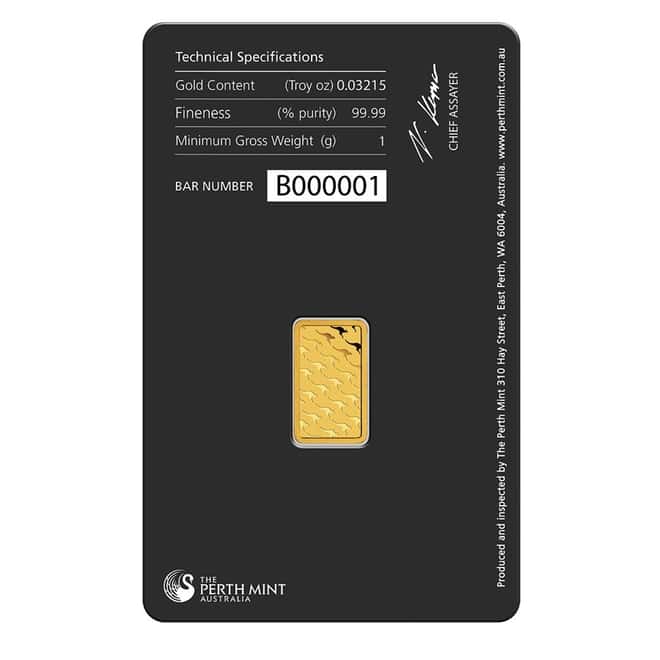 1 gram Perth Mint Gold Bar .9999 Fine (In Assay)