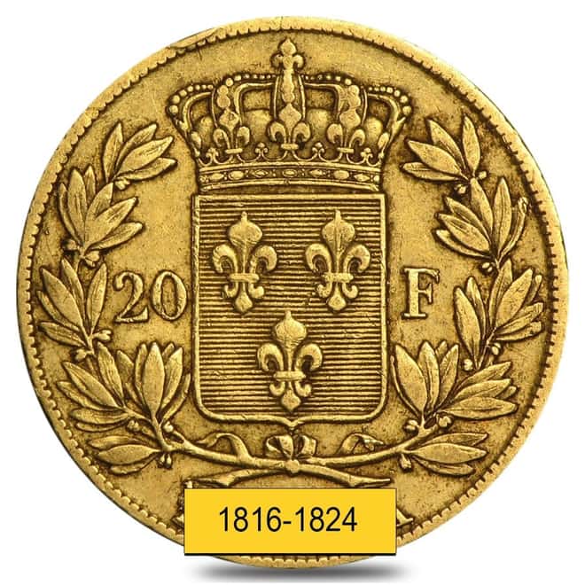 France Gold 20 Francs Louis XVIII Avg Circ AGW .1867 oz (Random Year, 1816-1824)