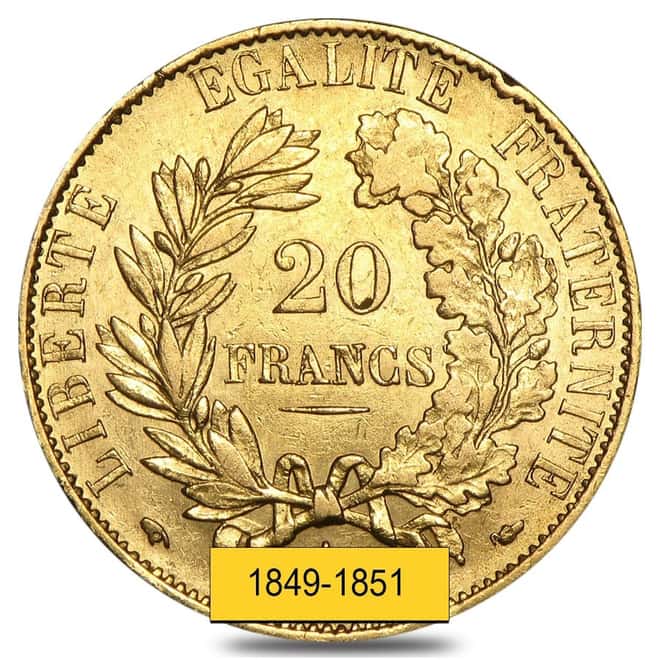 France Gold 20 Francs Early Head Ceres Avg Circ AGW .1867 (Random Year,1849-1851)