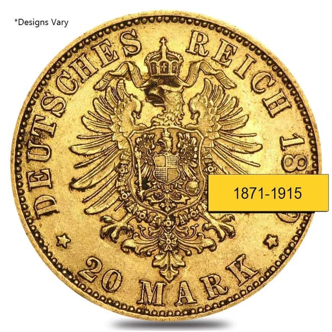 Germany Prussia 20 Marks Gold Coin (1871-1915,Random Year)