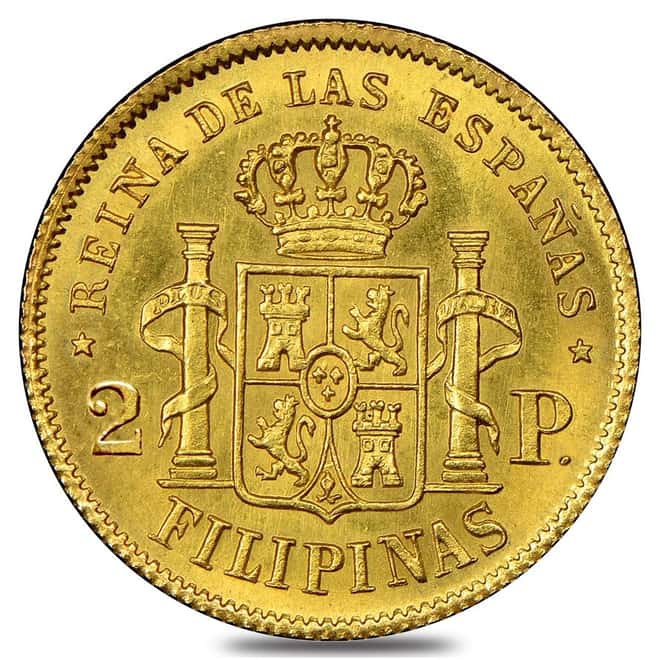 1863 Philippines Gold 2 Pesos Coin Avg Circ .0952 AGW