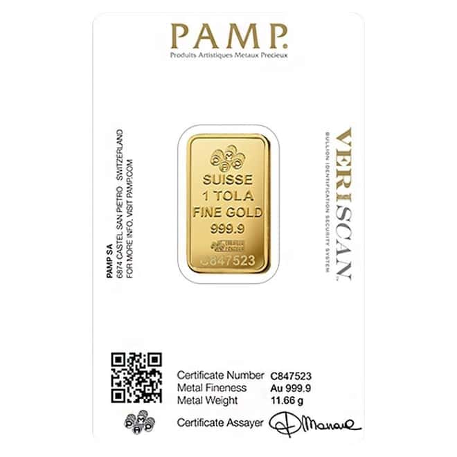 1 Tola Gold Bar PAMP Suisse Lady Fortuna Veriscan .9999 Fine (In Assay)