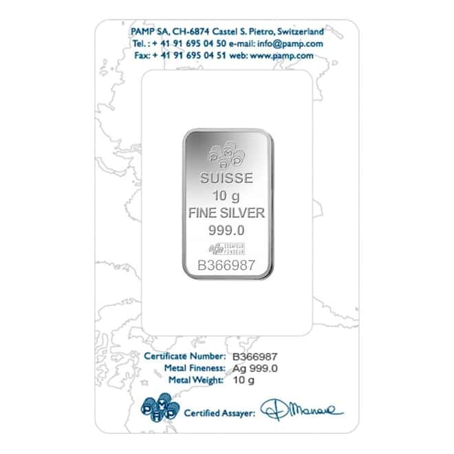 10 Gram PAMP Suisse Lady Fortuna Silver Bar .999 Fine (In Assay)