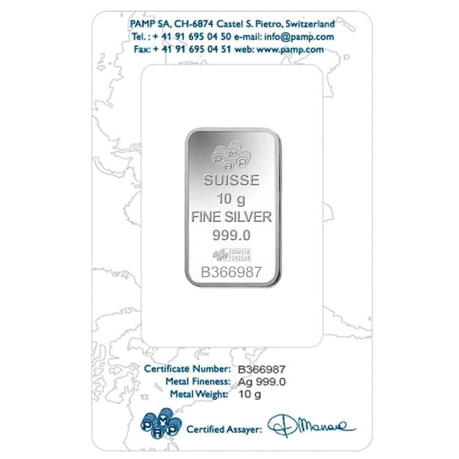 10 Gram PAMP Suisse Rosa Silver Bar .999 Fine (In Assay)