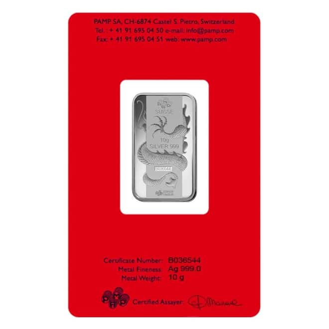  10 gram PAMP Suisse Year of the Dragon Silver Bar (In Assay)