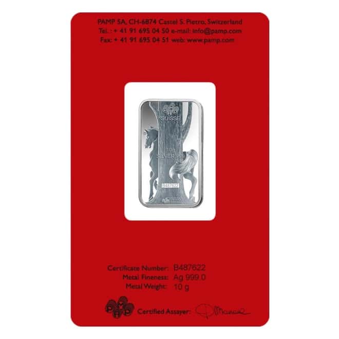 10 gram PAMP Suisse Year of the Horse Silver Bar (In Assay)