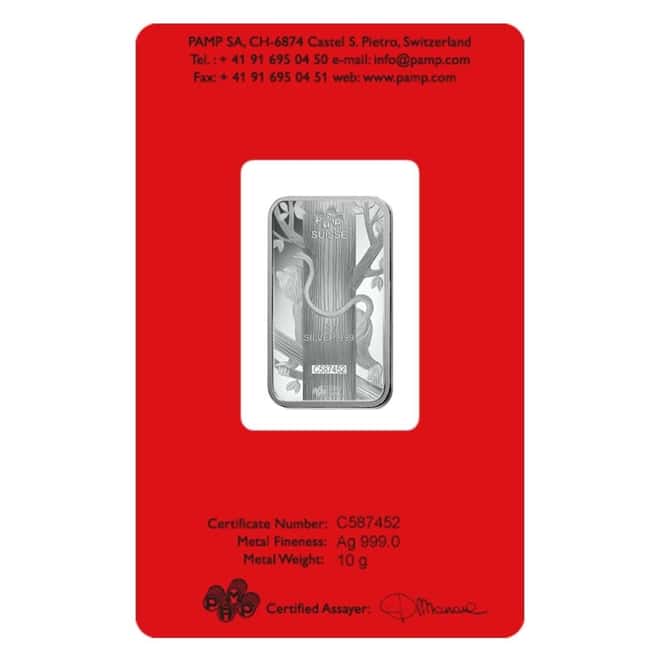 10 gram PAMP Suisse Year of the Monkey Silver Bar (In Assay)