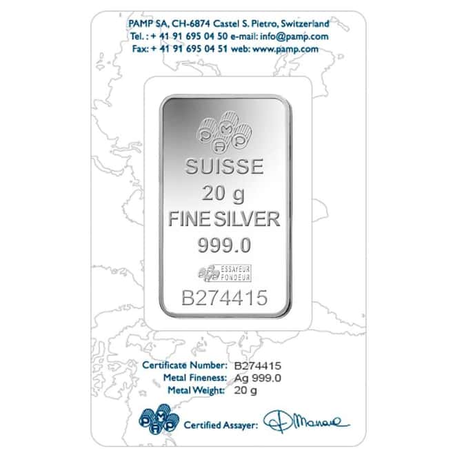 20 Gram PAMP Suisse Lady Fortuna Silver Bar .999 Fine (In Assay)