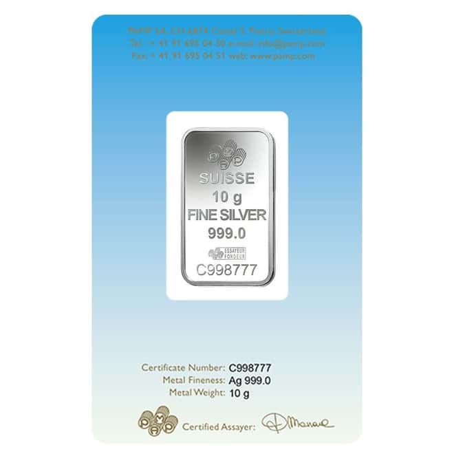 10 gram PAMP Suisse Silver Bar - Am Yisrael Chai (in Assay) .999 Fine