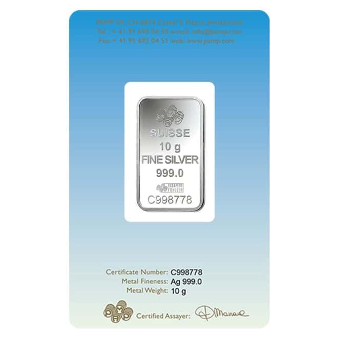 10 gram PAMP Suisse Silver Bar - Lakshmi (in Assay) .999 Fine 