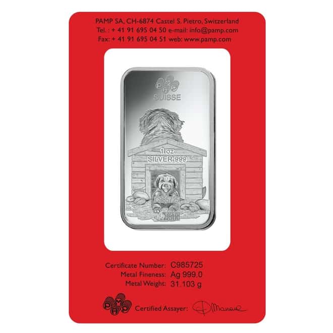 1 oz PAMP Suisse Year of the Dog Silver Bar (In Assay) 