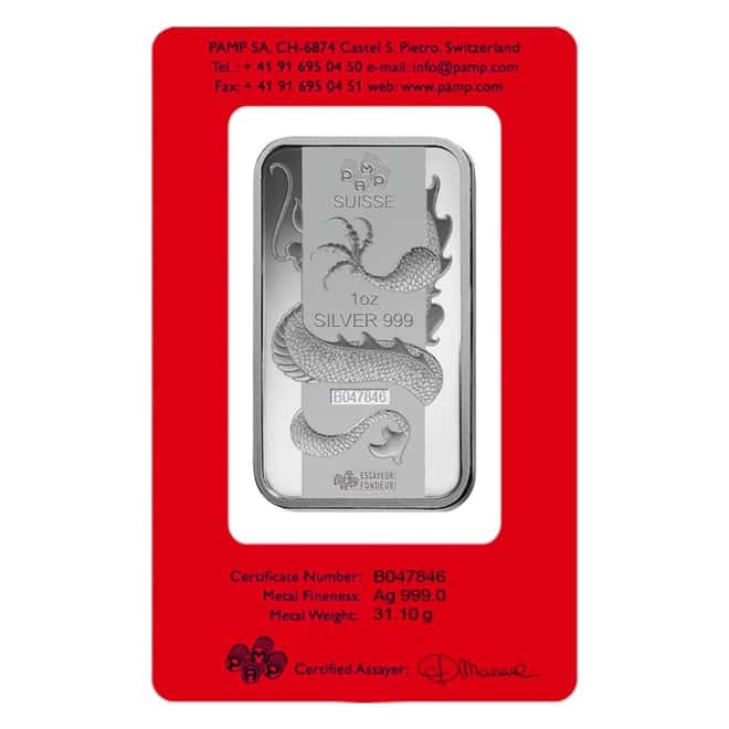 1 oz PAMP Suisse Year of the Dragon Silver Bar (In Assay)