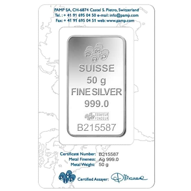 50 Gram PAMP Suisse Rosa Silver Bar .999 Fine (In Assay)