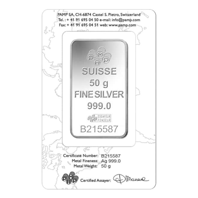 50 gram PAMP Suisse Lady Fortuna Silver Bar .999 Fine (In Assay)
