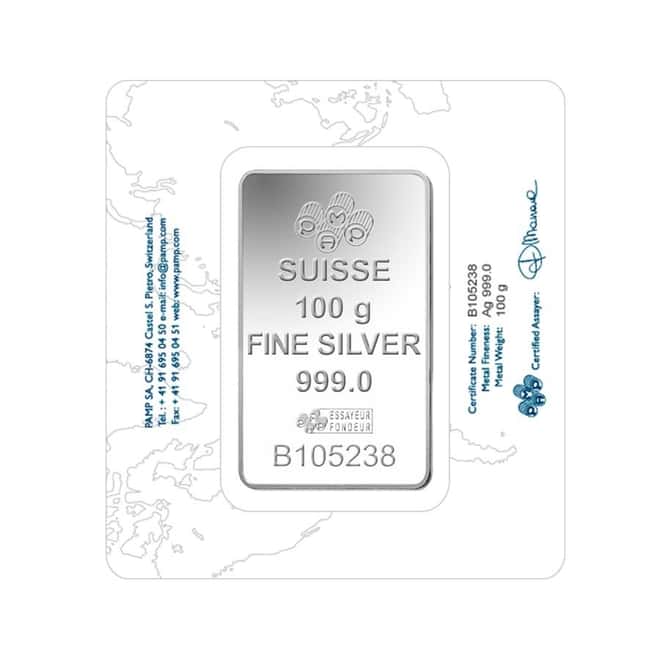 100 gram PAMP Suisse Rosa Silver Bar .999 Fine (In Assay)