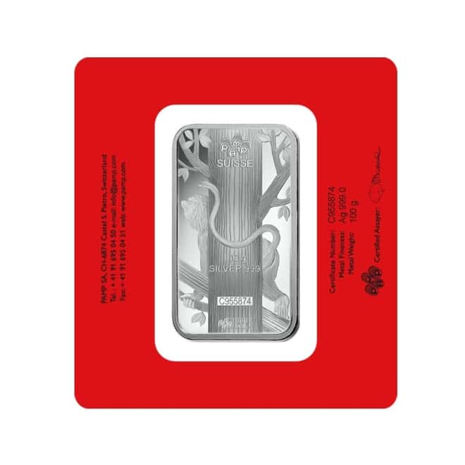 100 gram PAMP Suisse Year of the Monkey Silver Bar (In Assay)