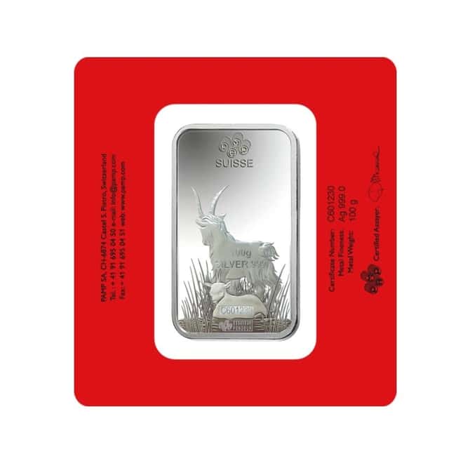 100 gram PAMP Suisse Year of the Goat Silver Bar (In Assay)