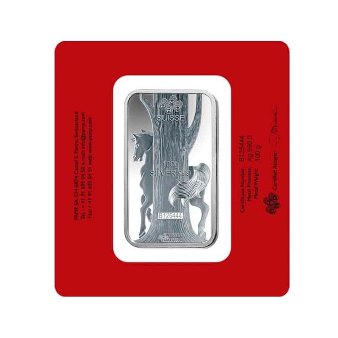 100 gram PAMP Suisse Year of the Horse Silver Bar (In Assay) 