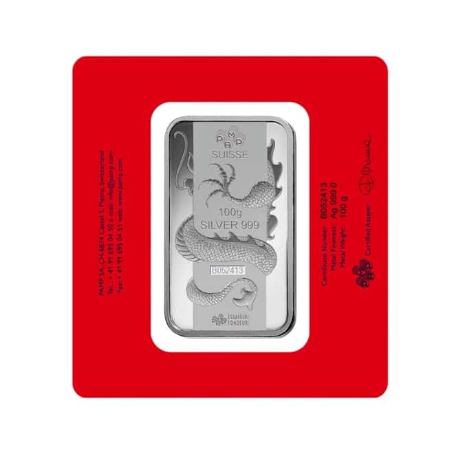 100 gram PAMP Suisse Year of the Dragon Silver Bar (In Assay)